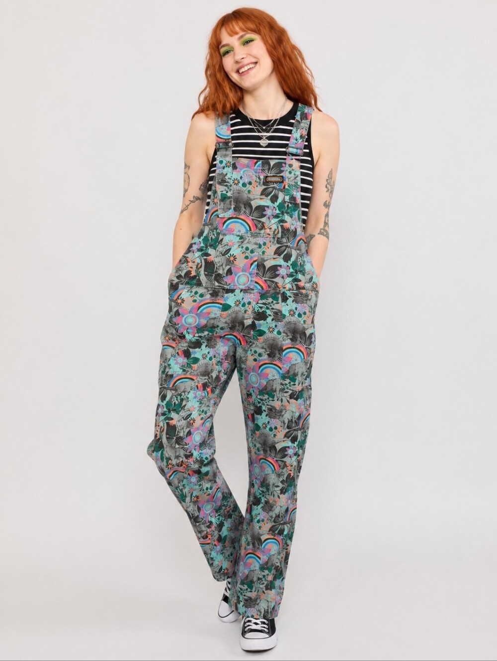 Run & Fly Jurassic Dinosaur Twill Dungarees Overalls XXS Rainbow Floral Print